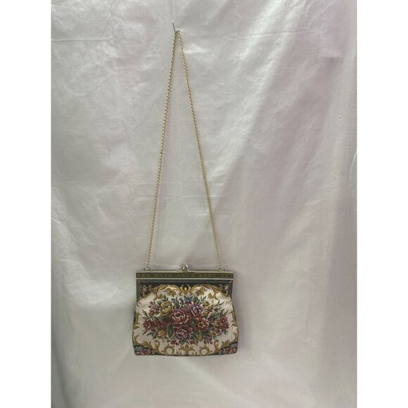 Vintage Tapestry Kiss lock Black Rose Floral Purse with Gold Chain Link - Picture 1 of 6